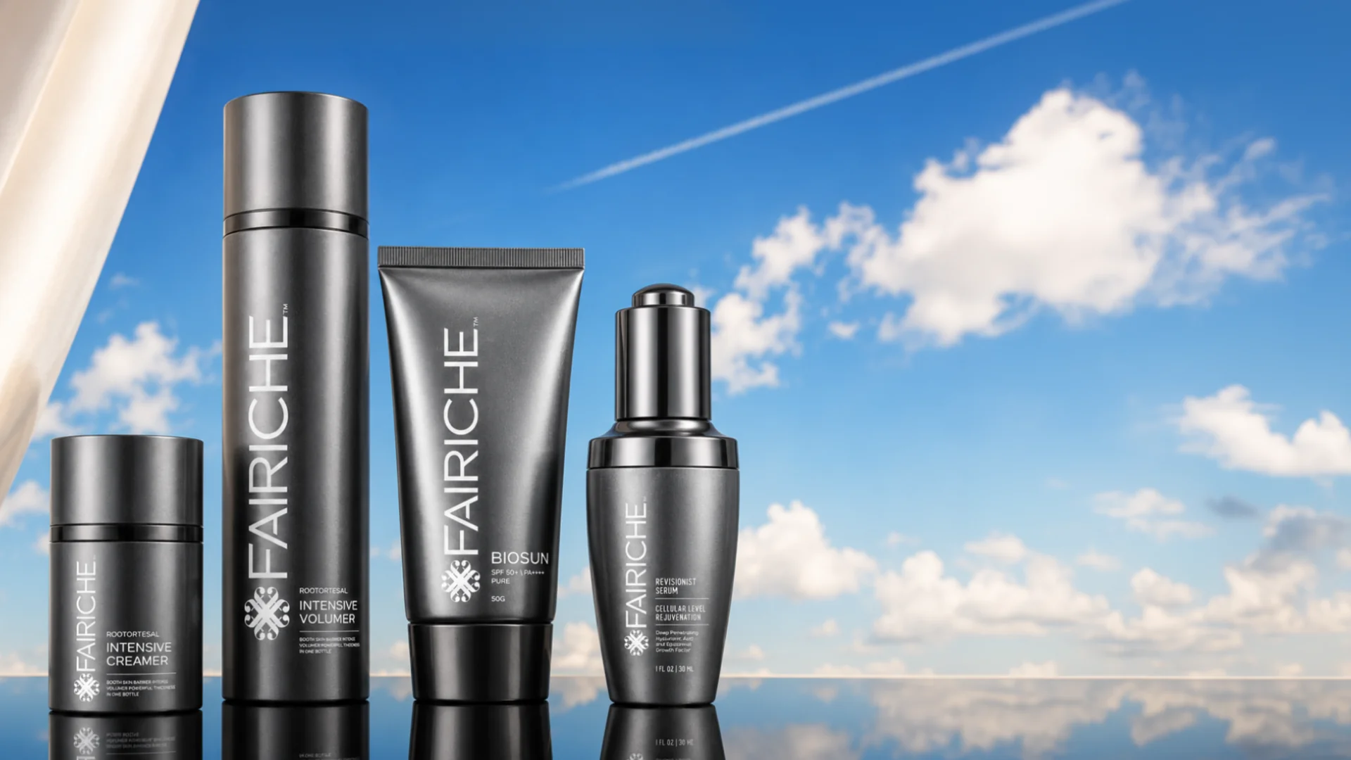 FAIRICHE Men Collection skincare beside a male model in a warm ivory studio